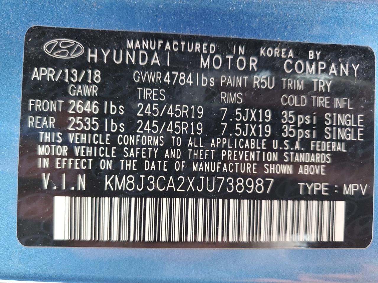 2018 Hyundai Tucson Value VIN: KM8J3CA2XJU738987 Lot: 63417415