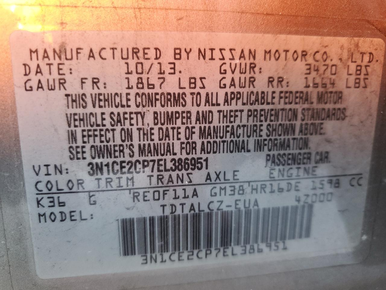 2014 Nissan Versa Note S VIN: 3N1CE2CP7EL386951 Lot: 65351525