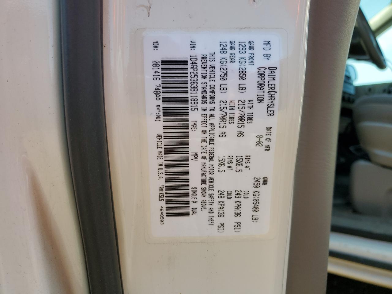 2003 Dodge Caravan Se VIN: 1D4GP25363B118915 Lot: 64078535