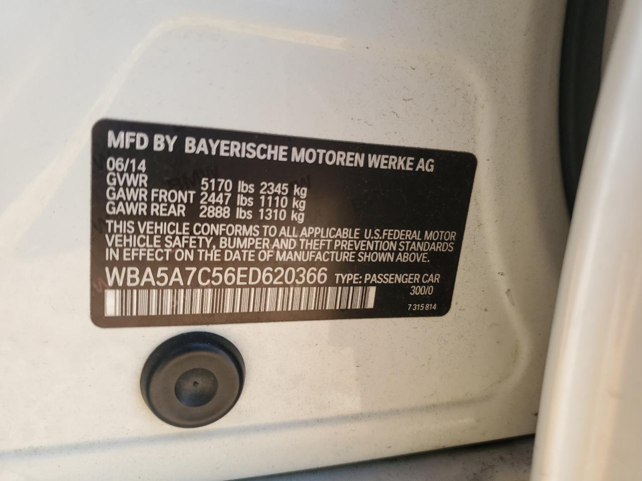 2014 BMW 528 Xi VIN: WBA5A7C56ED620366 Lot: 64971955