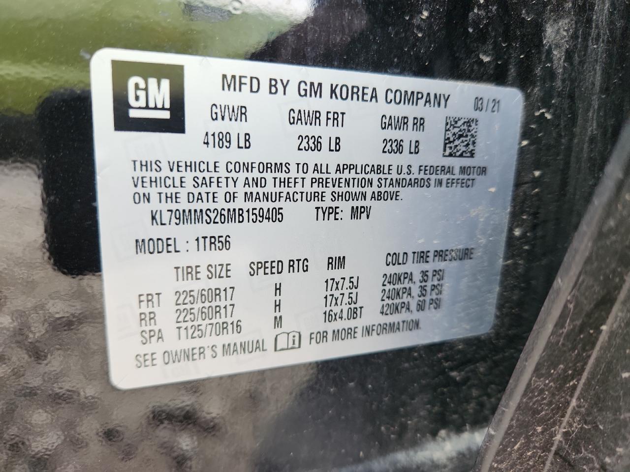 2021 Chevrolet Trailblazer Ls VIN: KL79MMS26MB159405 Lot: 64979075