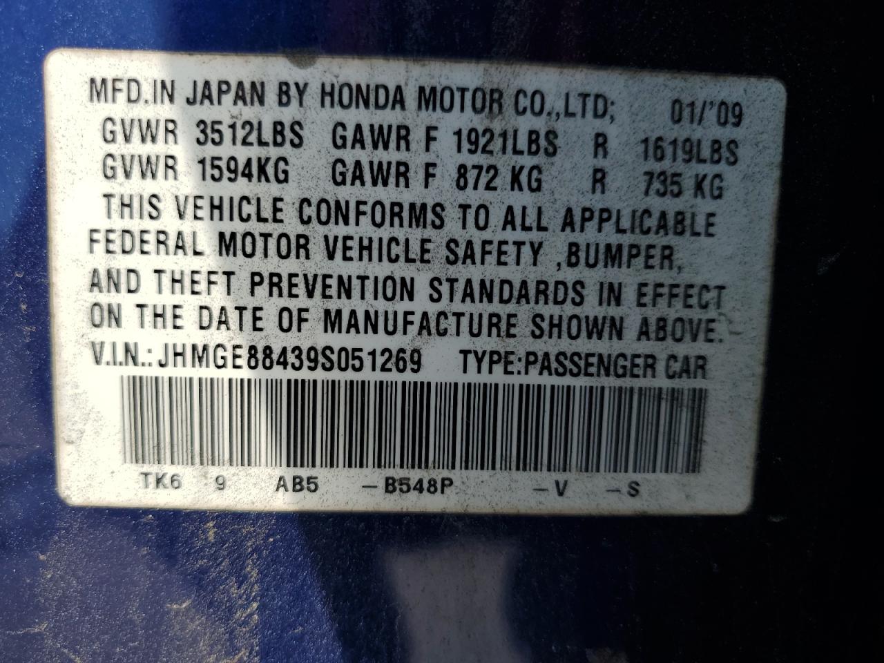 2009 Honda Fit Sport VIN: JHMGE88439S051269 Lot: 63831035