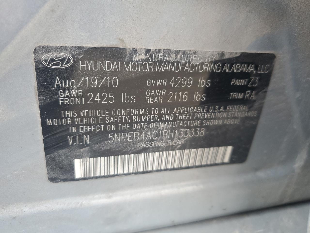 2011 Hyundai Sonata Gls VIN: 5NPEB4AC1BH133338 Lot: 64835275