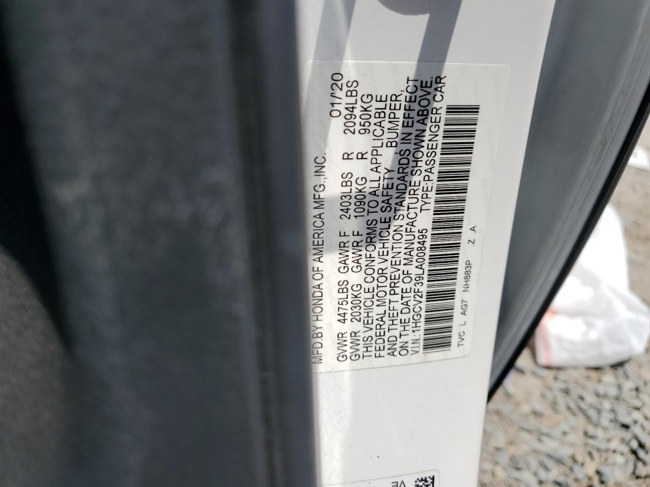 2020 Honda Accord Sport VIN: 1HGCV2F39LA008495 Lot: 64767885
