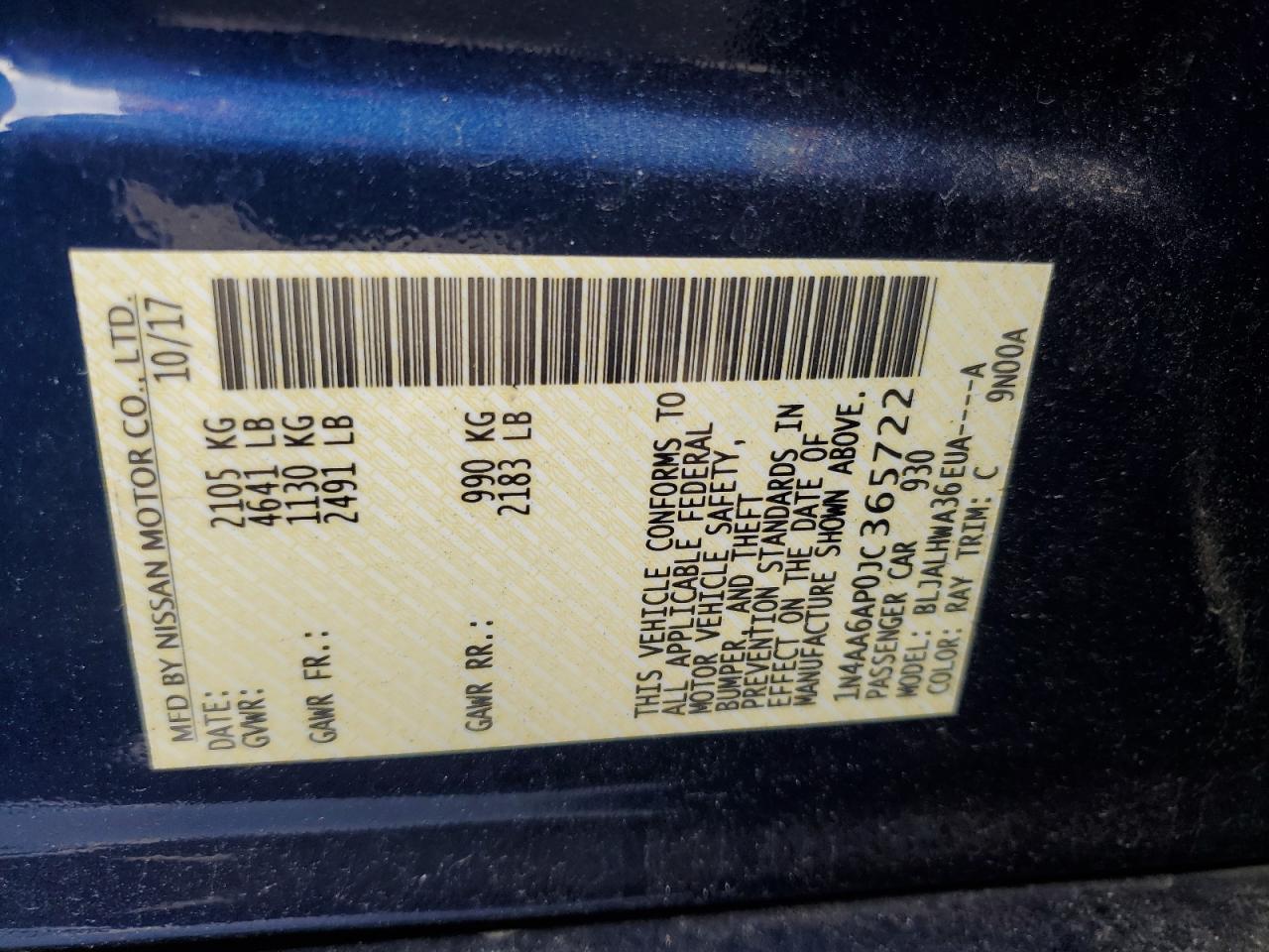 2018 Nissan Maxima 3.5S VIN: 1N4AA6AP0JC365722 Lot: 64978385