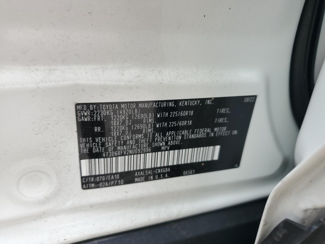 2022 Toyota Rav4 Limited VIN: 4T3D6RFV2NU092996 Lot: 64816915