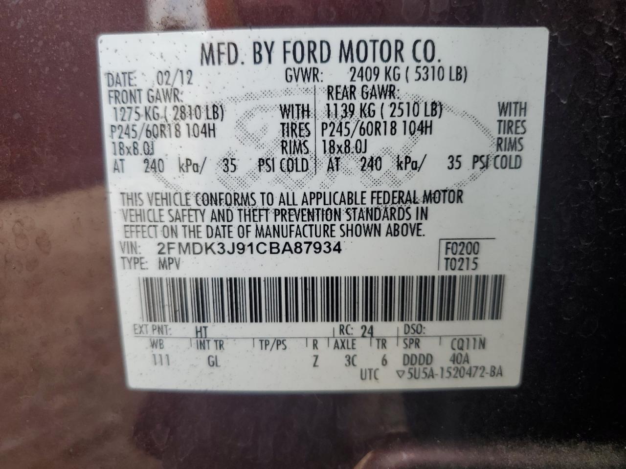 2012 Ford Edge Sel VIN: 2FMDK3J91CBA87934 Lot: 64907575