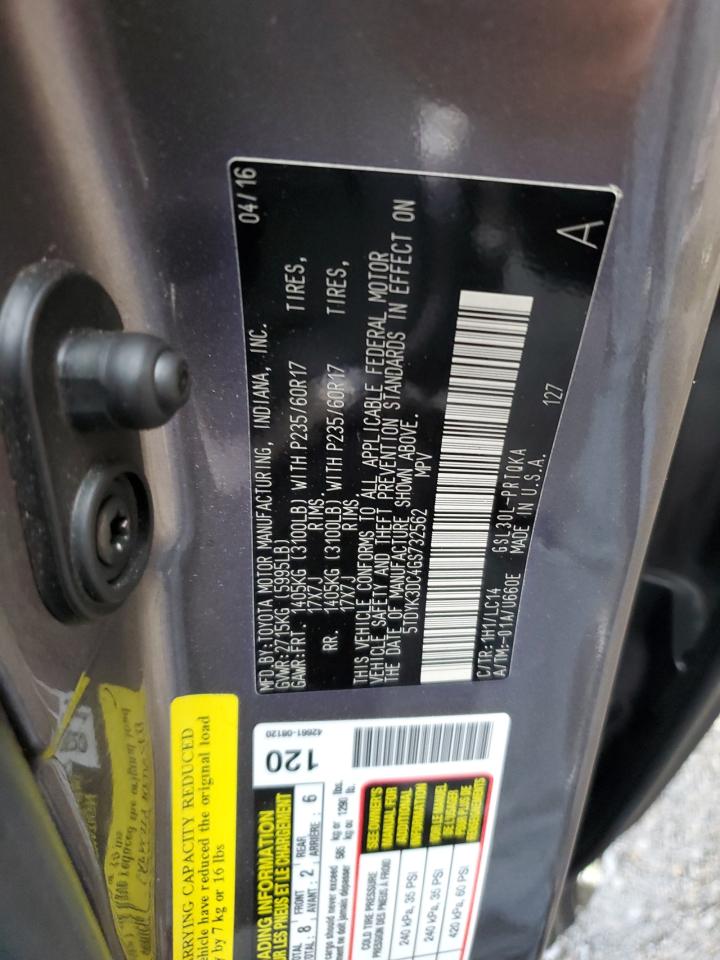 2016 Toyota Sienna Xle VIN: 5TDYK3DC4GS732562 Lot: 64442075