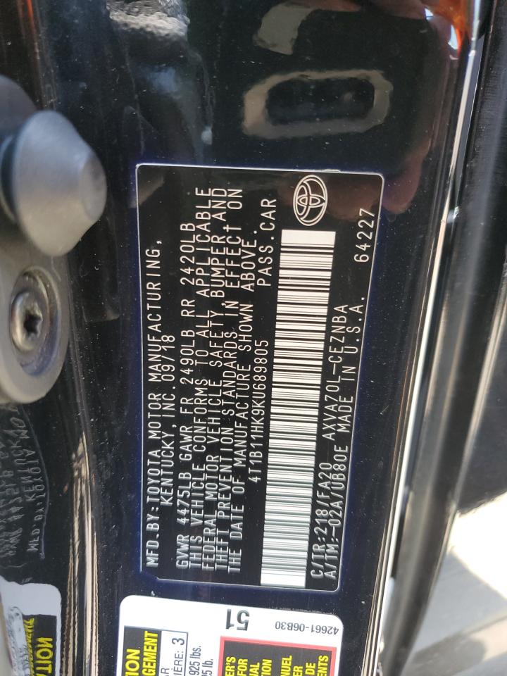 2019 Toyota Camry L VIN: 4T1B11HK9KU689805 Lot: 63576765