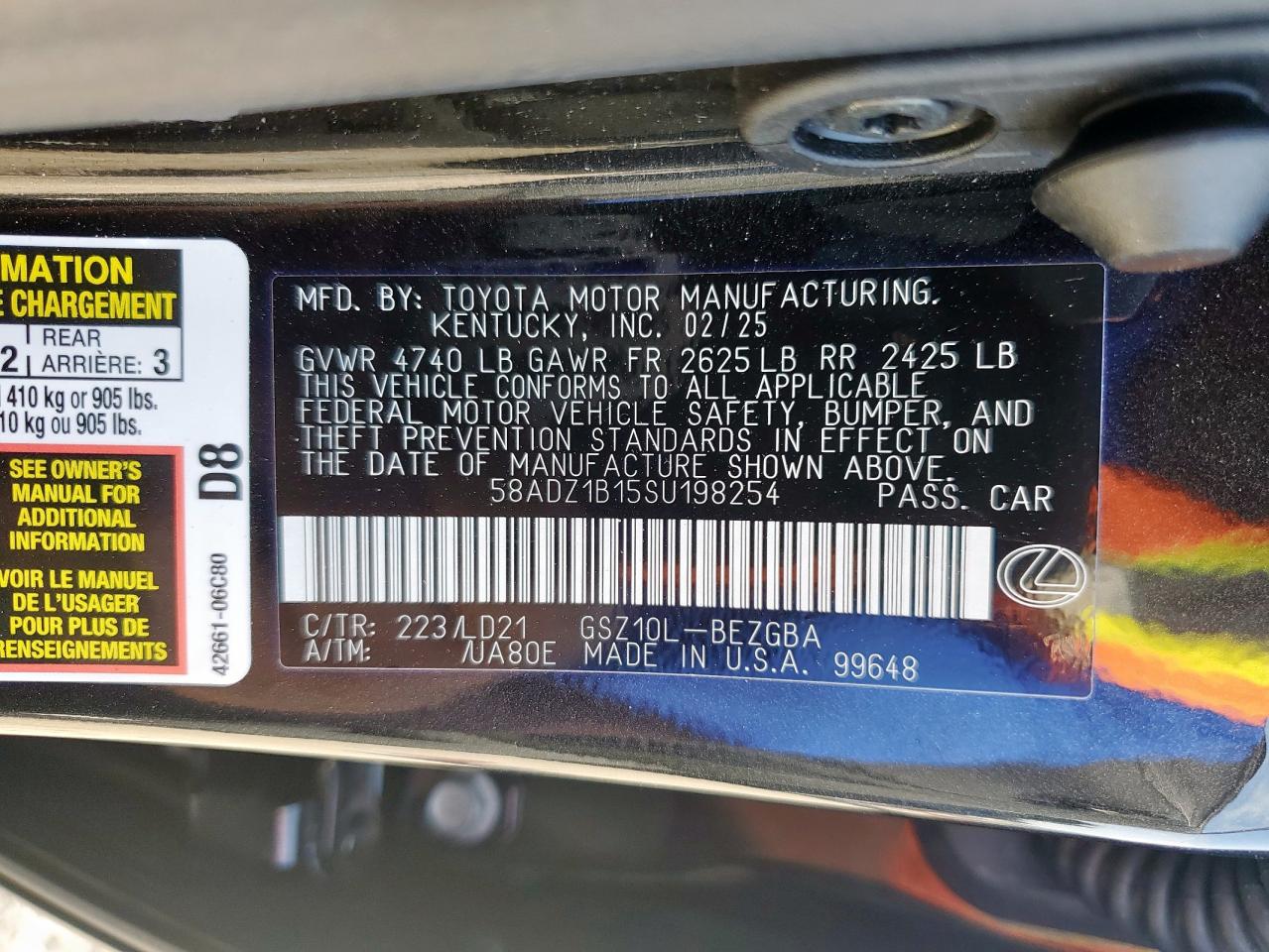 2025 Lexus Es 350 Base VIN: 58ADZ1B15SU198254 Lot: 64672585