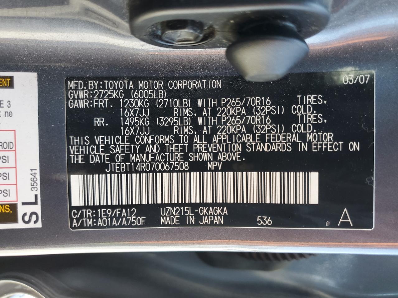 2007 Toyota 4Runner Sr5 VIN: JTEBT14R070067508 Lot: 65017075
