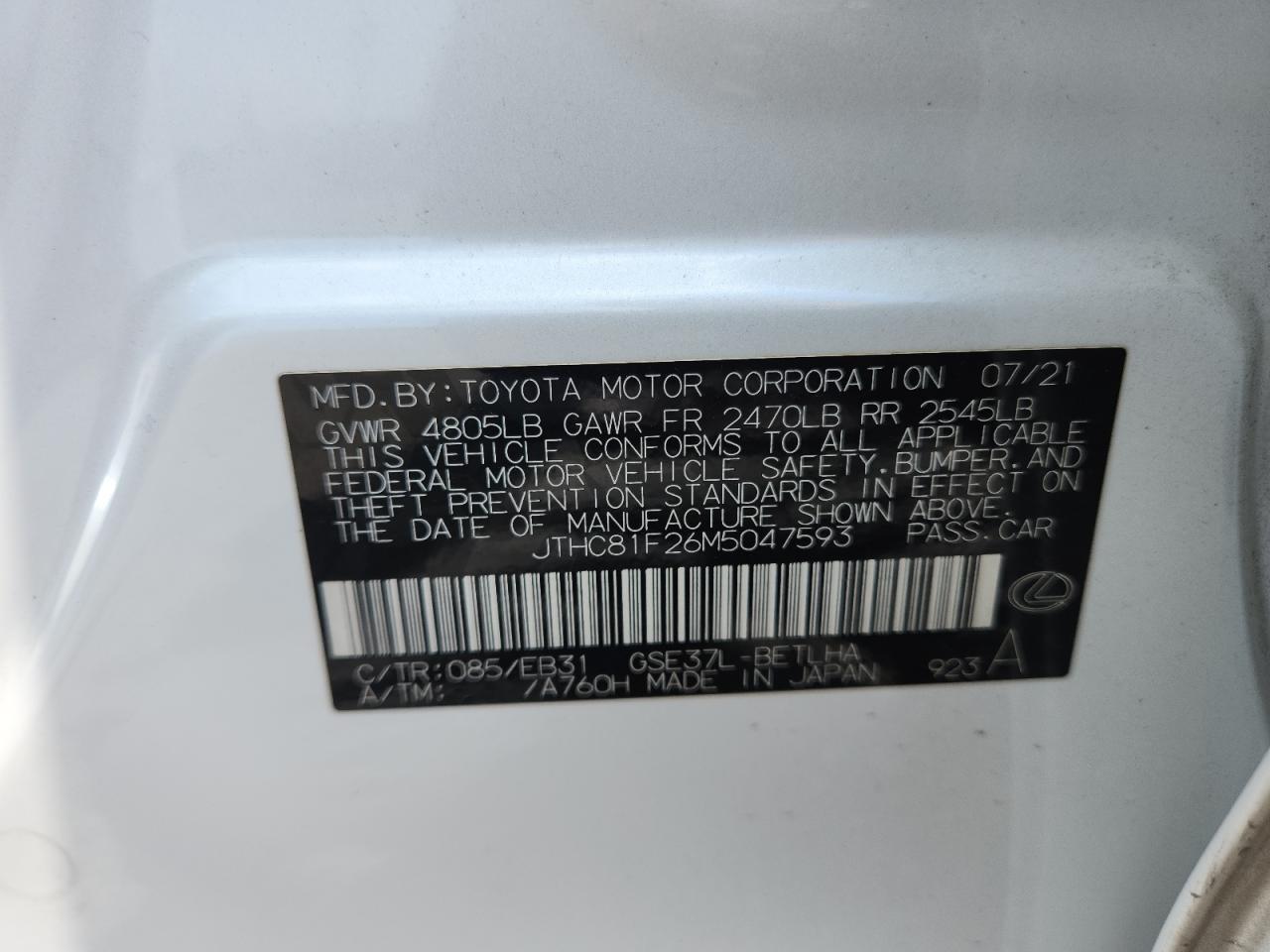 2021 Lexus Is 300 VIN: JTHC81F26M5047593 Lot: 65162905