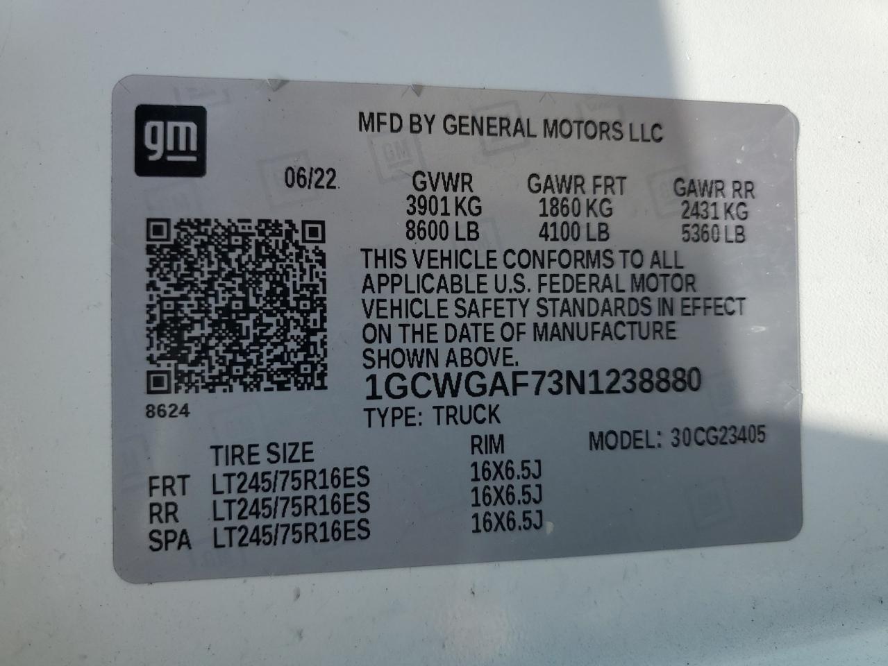 2022 Chevrolet Express G2500 VIN: 1GCWGAF73N1238880 Lot: 63160335