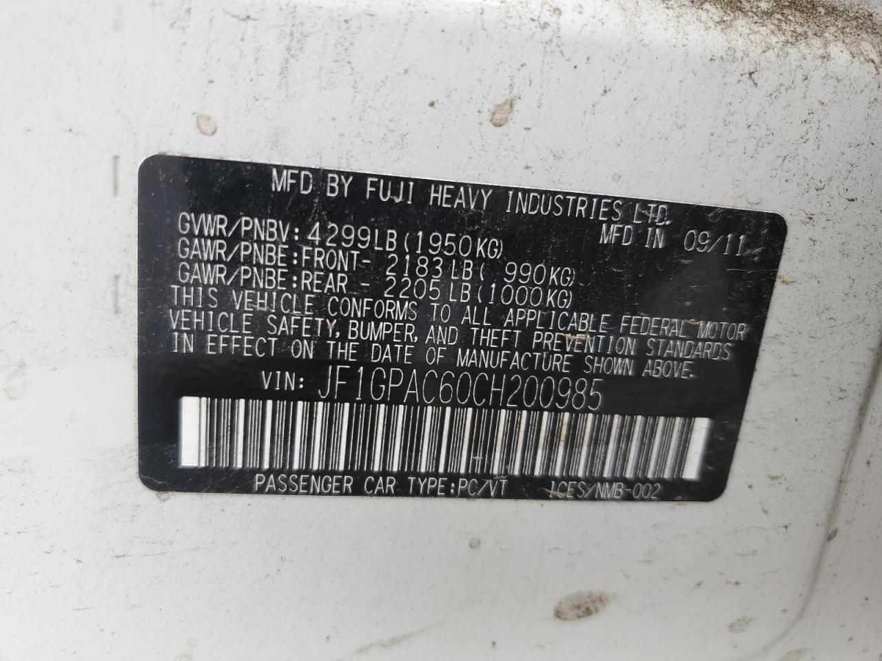 2012 Subaru Impreza Premium VIN: JF1GPAC60CH200985 Lot: 64392805