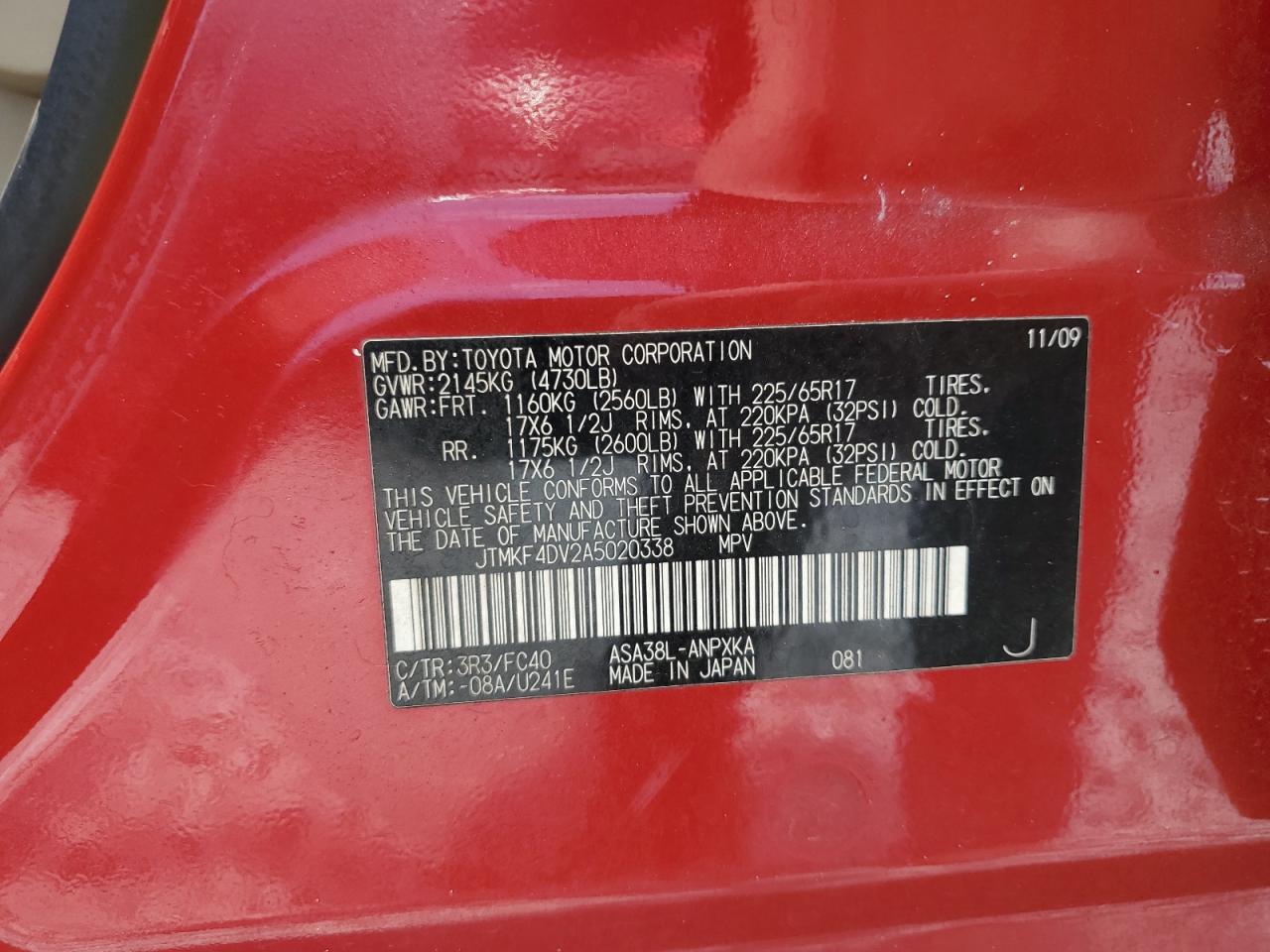 2010 Toyota Rav4 VIN: JTMKF4DV2A5020338 Lot: 64439535