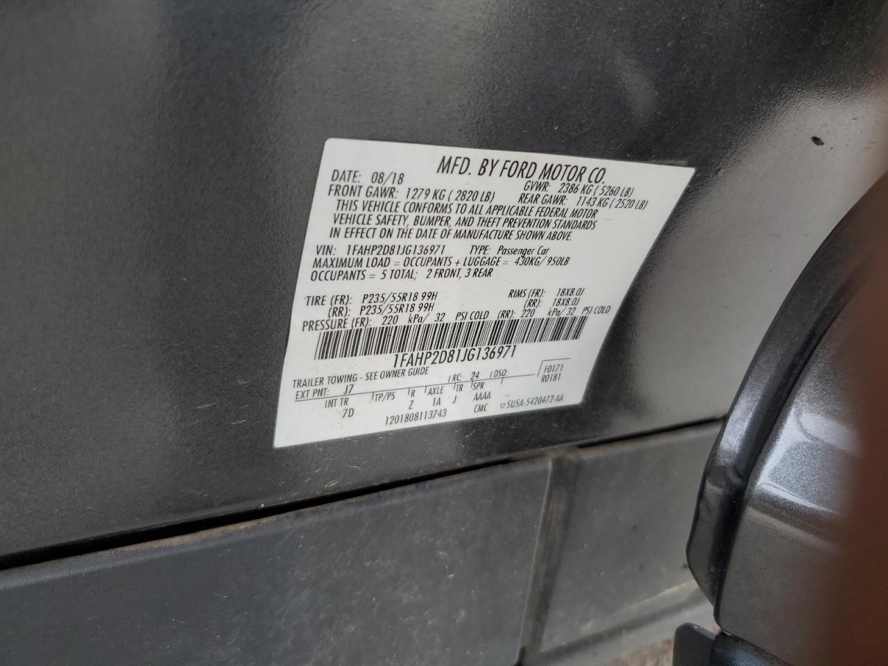 2018 Ford Taurus Se VIN: 1FAHP2D81JG136971 Lot: 66865265