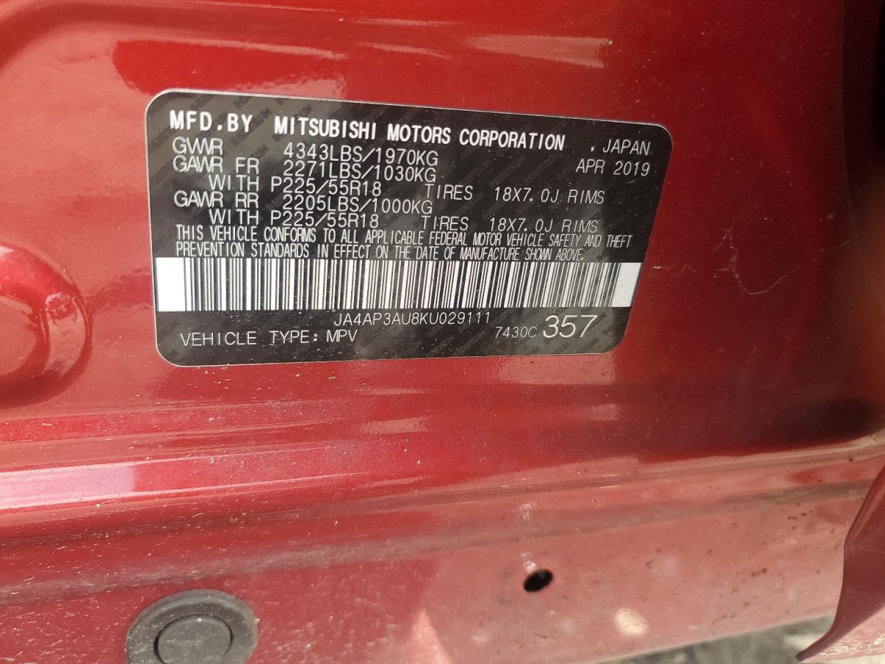 2019 Mitsubishi Outlander Sport Es VIN: JA4AP3AU8KU029111 Lot: 64650865
