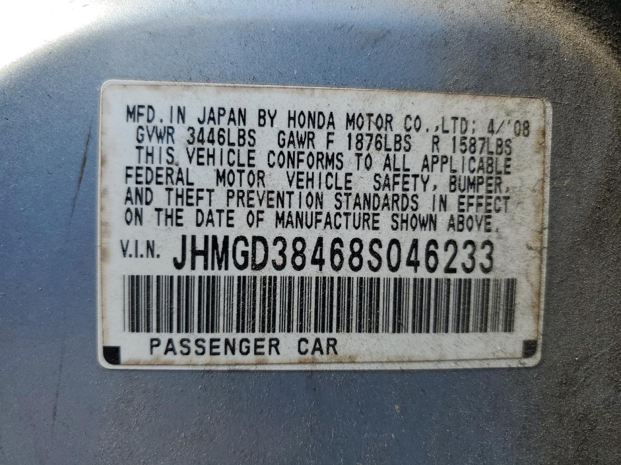 2008 Honda Fit VIN: JHMGD38468S046233 Lot: 65546515