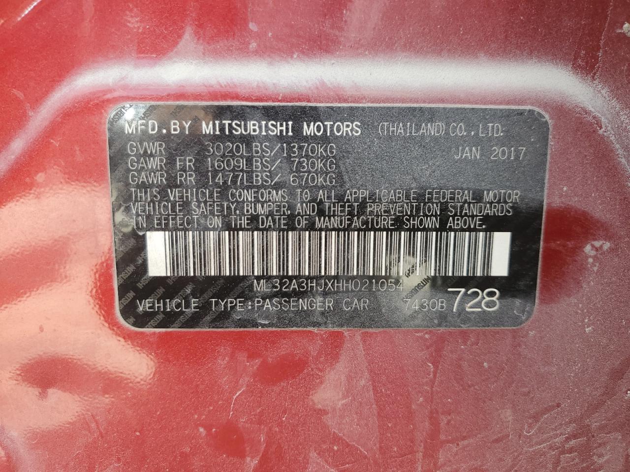 2017 Mitsubishi Mirage Es VIN: ML32A3HJXHH021054 Lot: 63147615