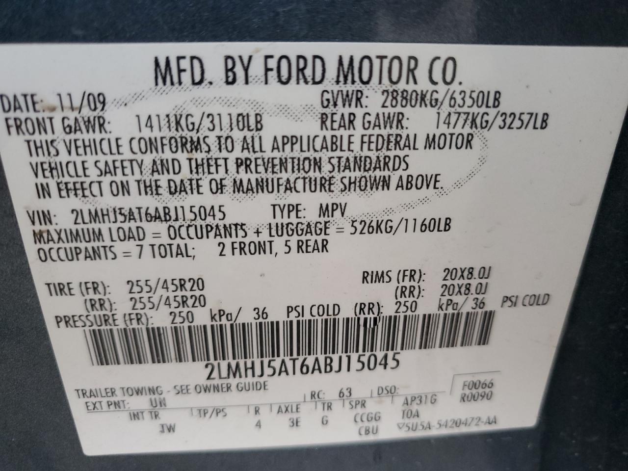 2010 Lincoln Mkt VIN: 2LMHJ5AT6ABJ15045 Lot: 65647765