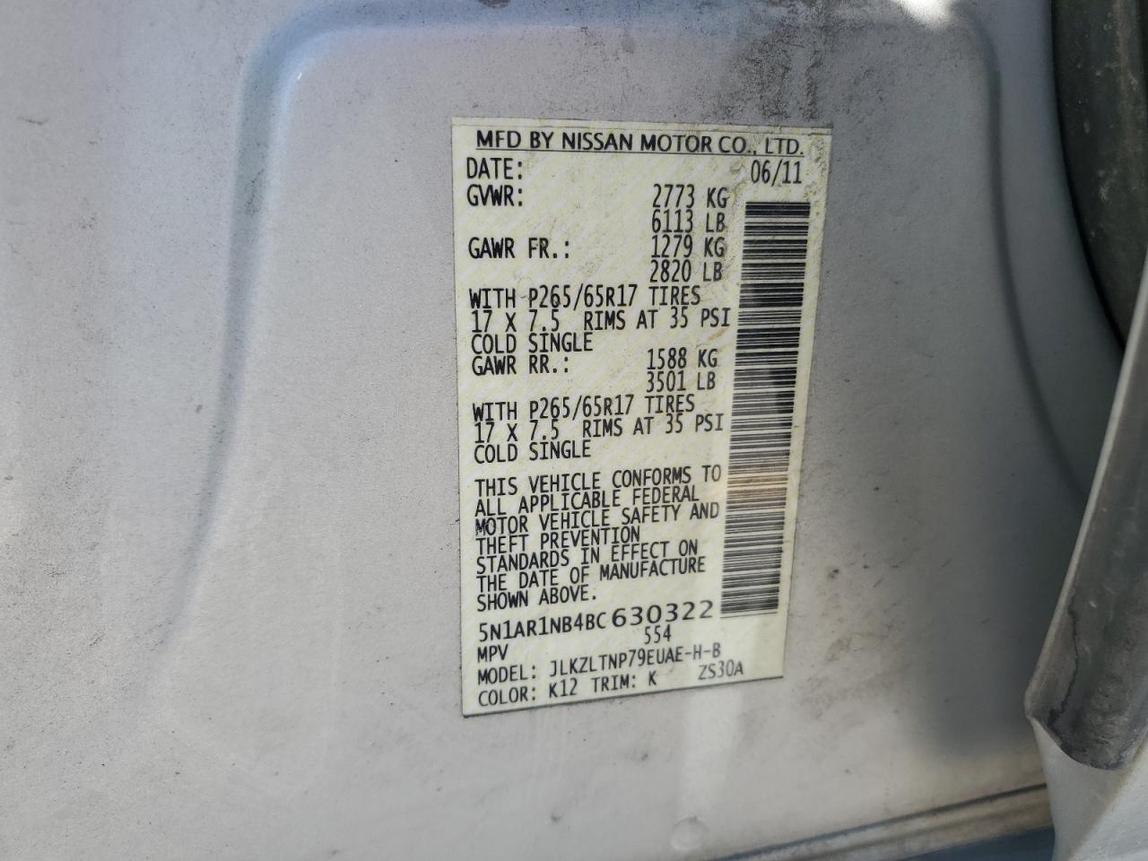 2011 Nissan Pathfinder S VIN: 5N1AR1NB4BC630322 Lot: 64050515