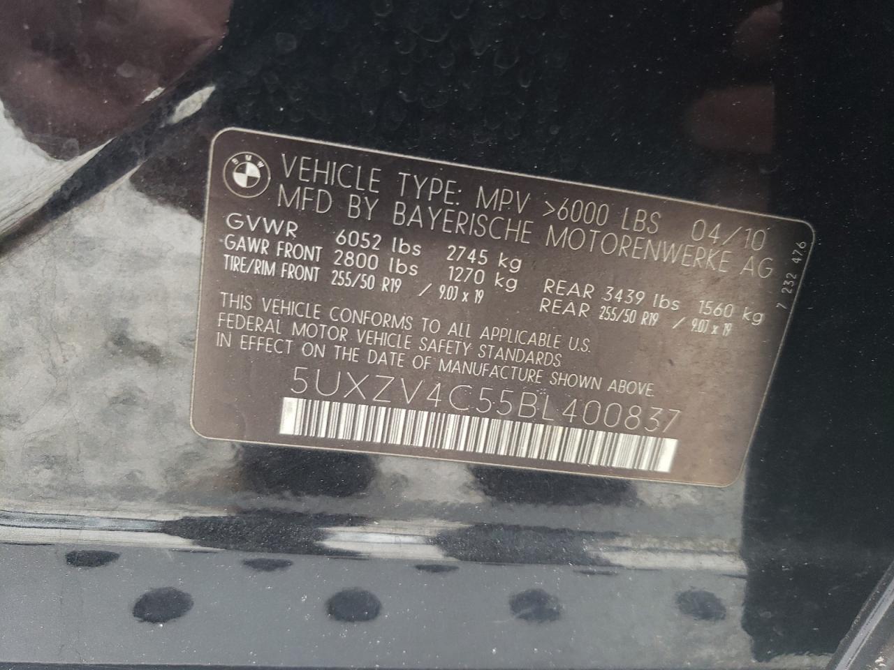 2011 BMW X5 xDrive35I VIN: 5UXZV4C55BL400837 Lot: 62782115