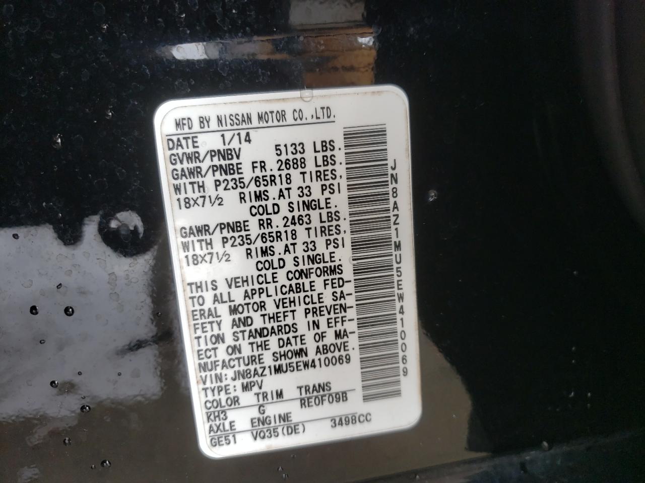 2014 Nissan Murano S VIN: JN8AZ1MU5EW410069 Lot: 63389245