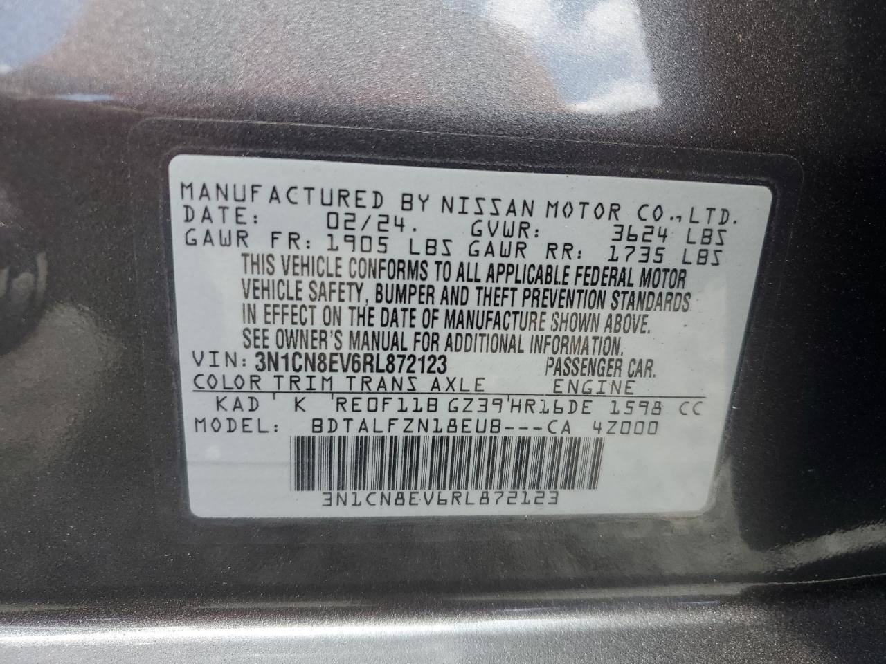 2024 Nissan Versa Sv VIN: 3N1CN8EV6RL872123 Lot: 64937255
