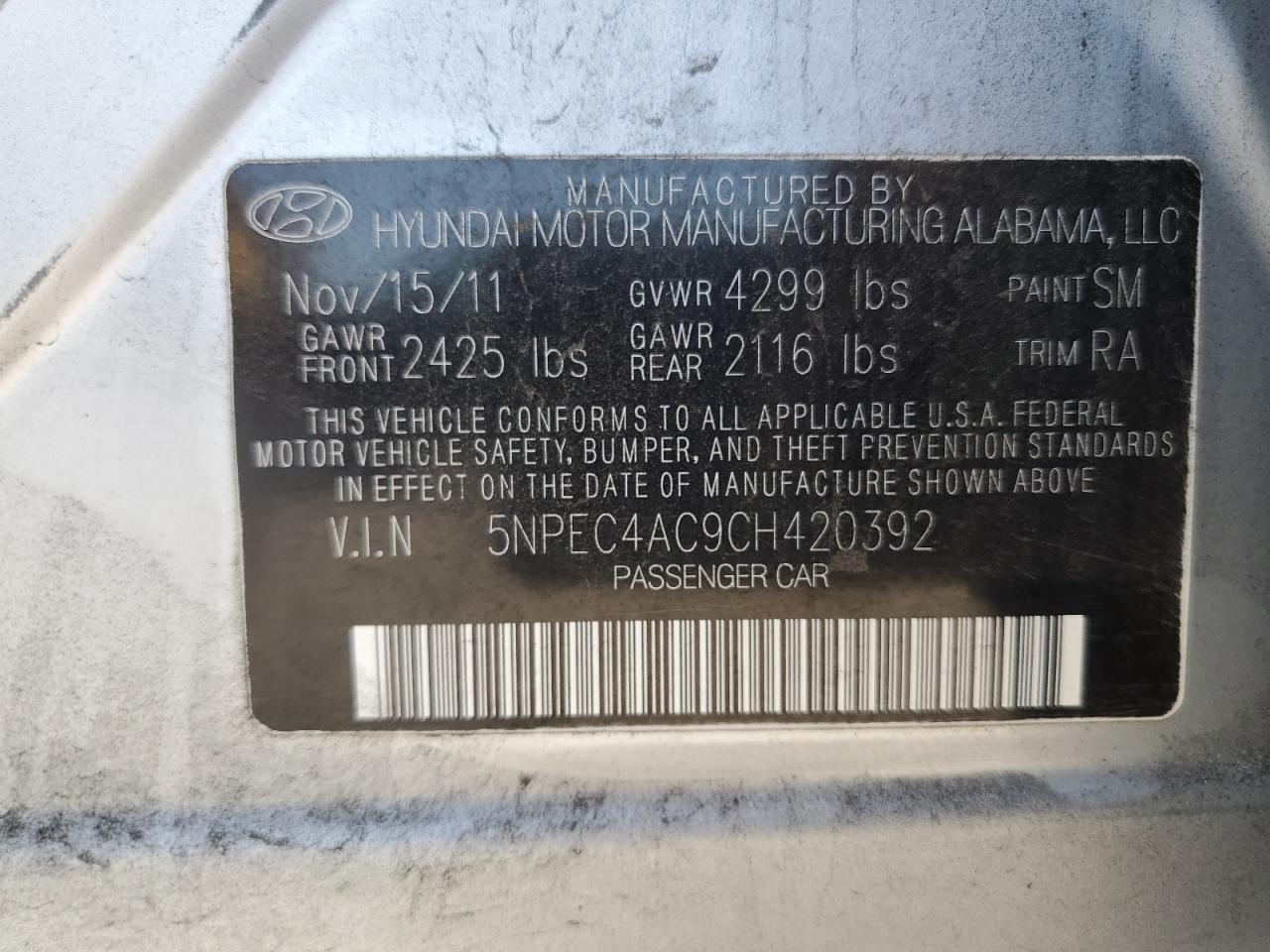 2012 Hyundai Sonata Se VIN: 5NPEC4AC9CH420392 Lot: 65235325