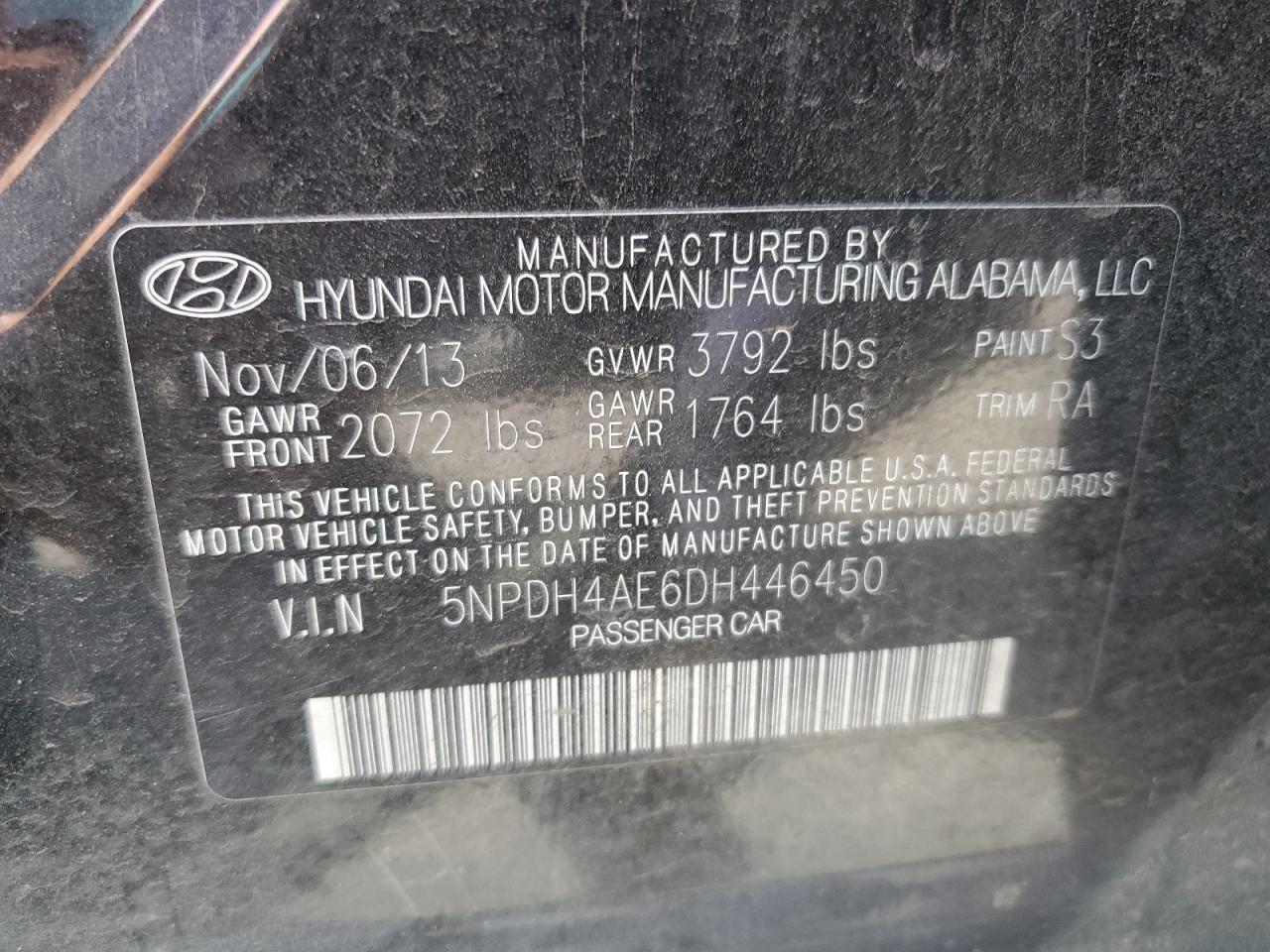 2013 Hyundai Elantra Gls VIN: 5NPDH4AE6DH446450 Lot: 64786445