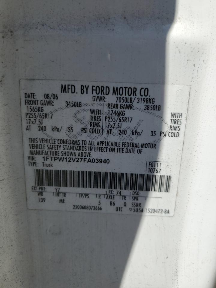 2007 Ford F150 Supercrew VIN: 1FTPW12V27FA03940 Lot: 64146785