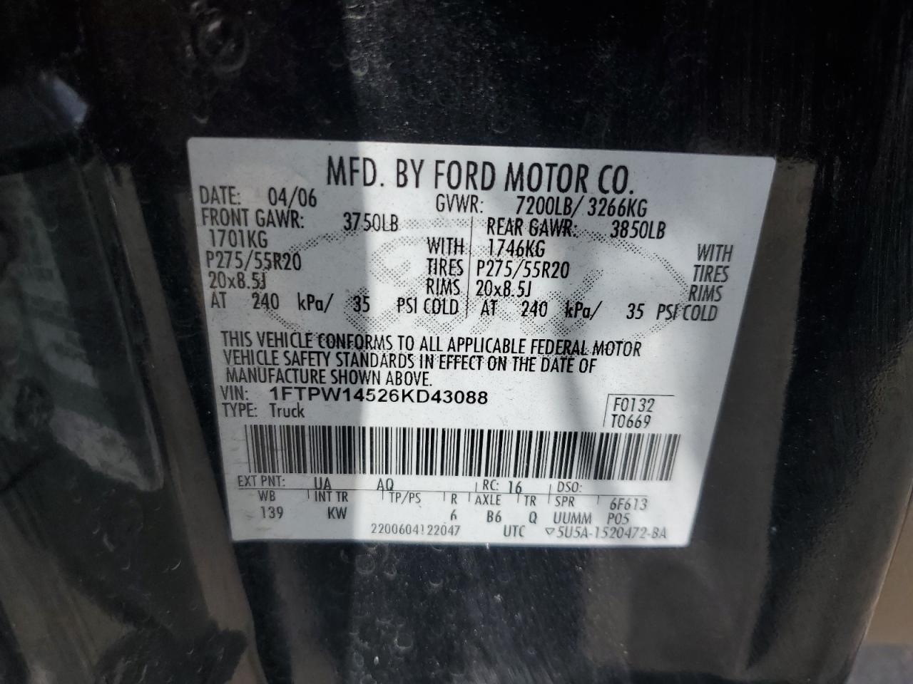 2006 Ford F150 Supercrew VIN: 1FTPW14526KD43088 Lot: 64961055