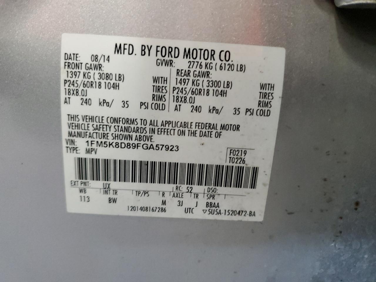 2015 Ford Explorer Xlt VIN: 1FM5K8D89FGA57923 Lot: 65325595