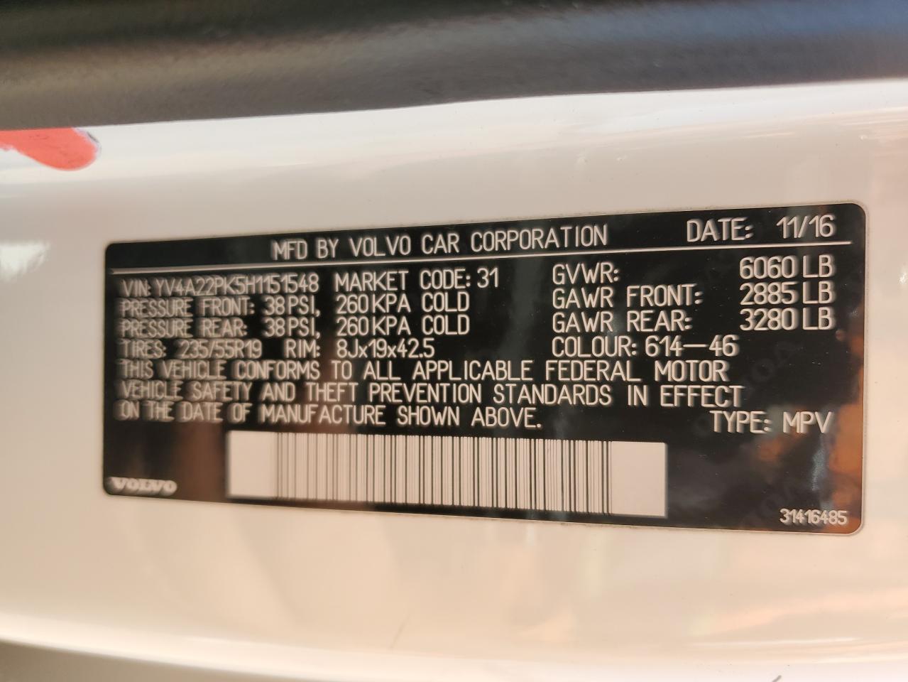 2017 Volvo Xc90 T6 VIN: YV4A22PK5H1151548 Lot: 66734675