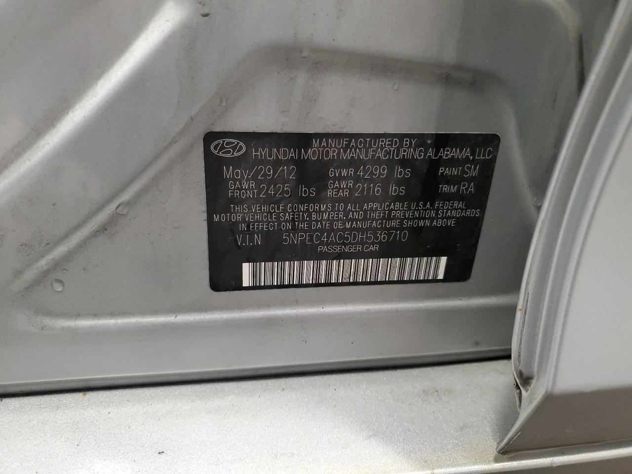 2013 Hyundai Sonata Se VIN: 5NPEC4AC5DH536710 Lot: 66328735