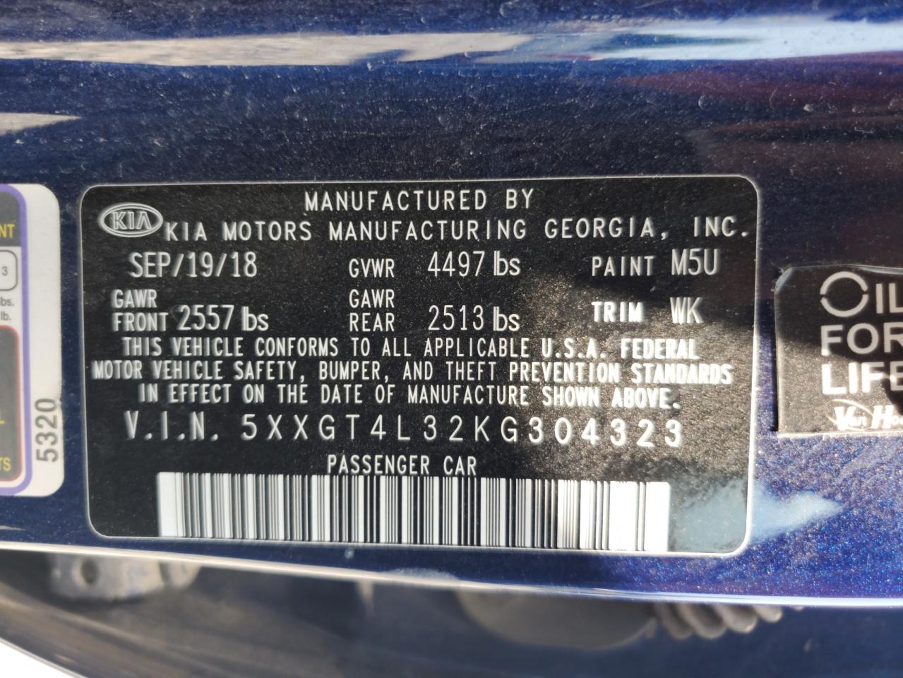 2019 Kia Optima Lx VIN: 5XXGT4L32KG304323 Lot: 64475265