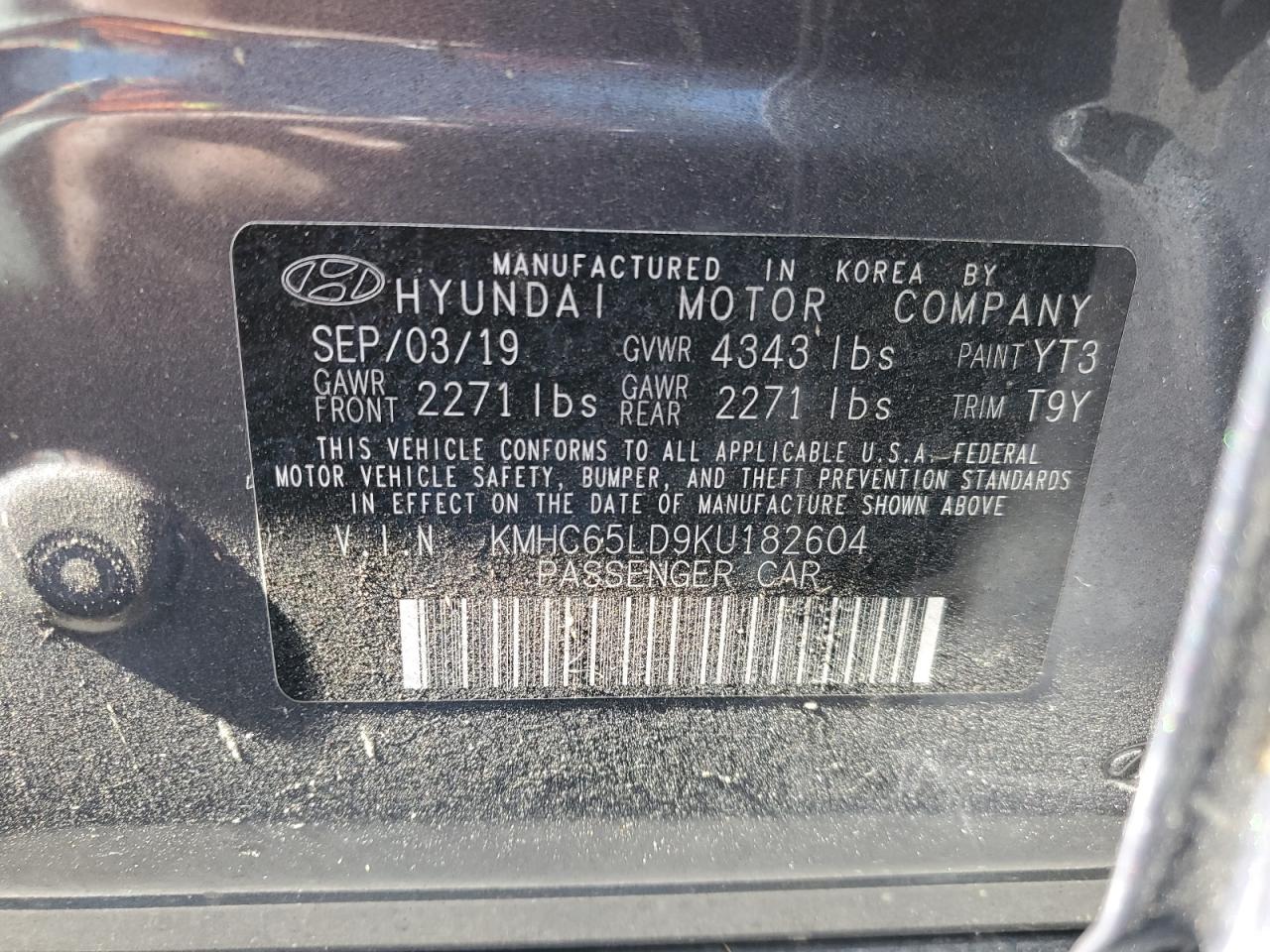 2019 Hyundai Ioniq VIN: KMHC65LD9KU182604 Lot: 63783075
