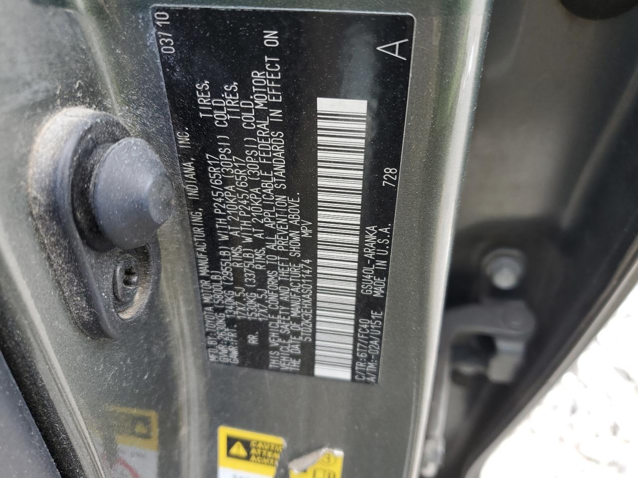 2010 Toyota Highlander VIN: 5TDZK3EHXAS011474 Lot: 65647655