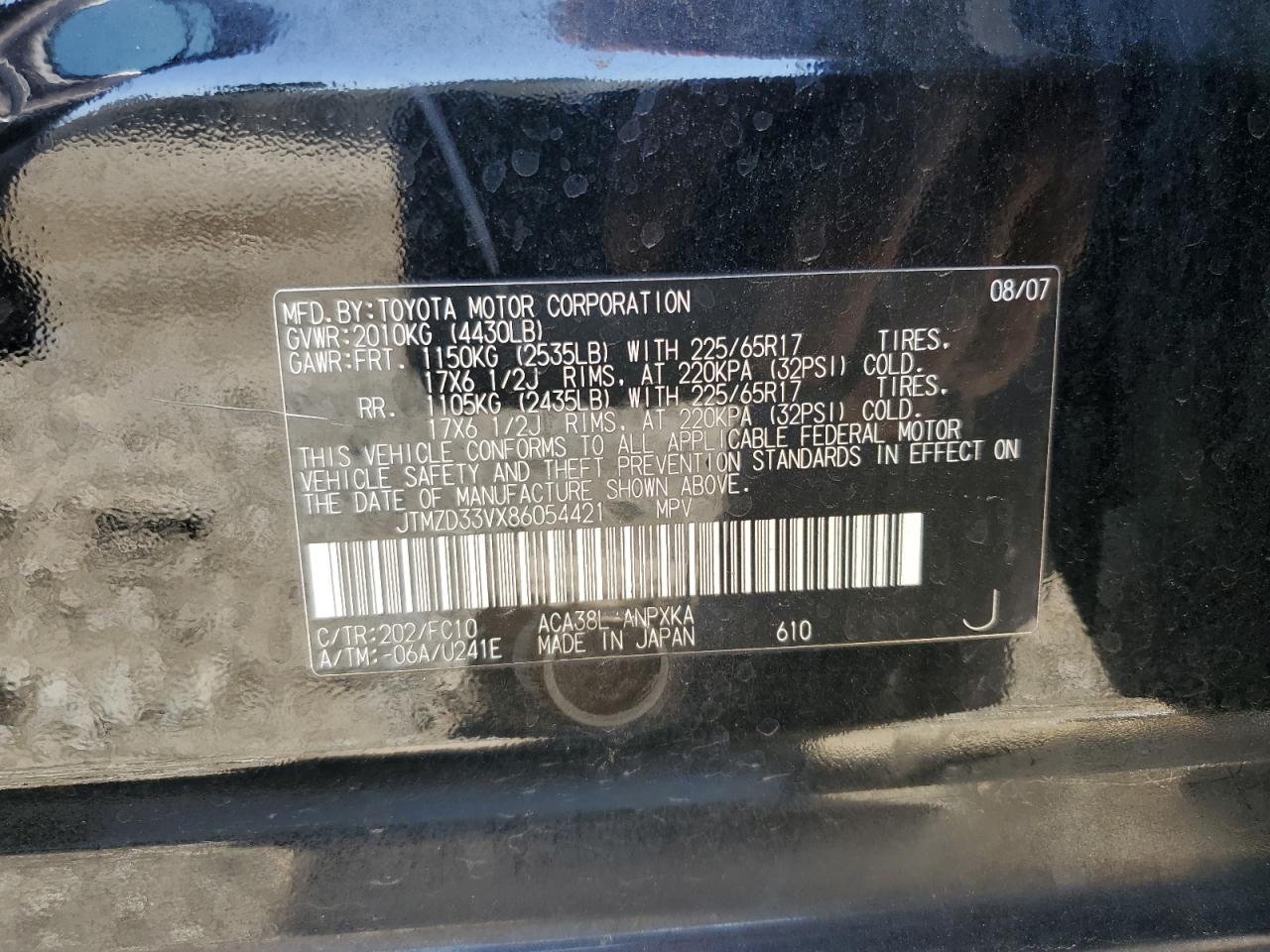 2008 Toyota Rav4 VIN: JTMZD33VX86054421 Lot: 66739805
