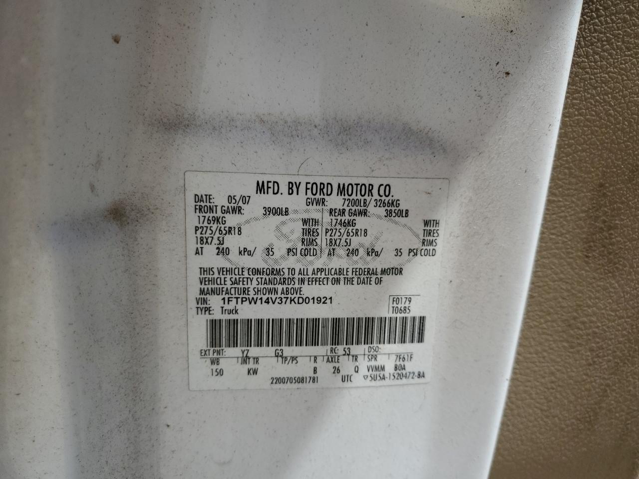 2007 Ford F150 Supercrew VIN: 1FTPW14V37KD01921 Lot: 62876465