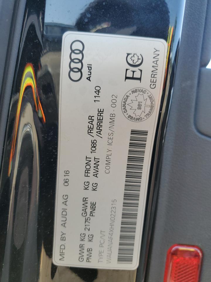 2017 Audi A4 Premium VIN: WAUANAF4XHN022315 Lot: 64952505