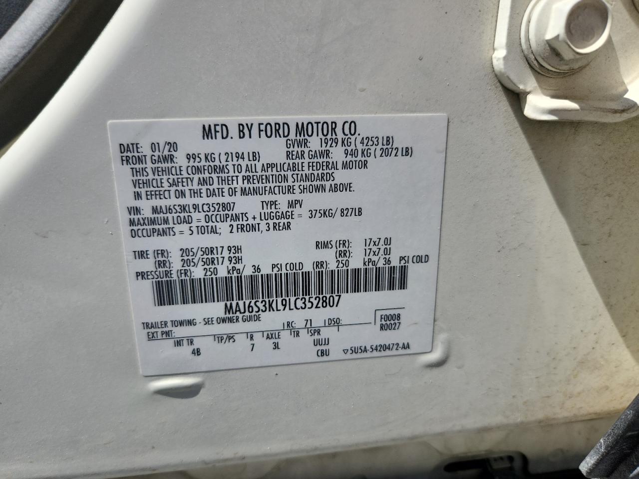 2020 Ford Ecosport Titanium VIN: MAJ6S3KL9LC352807 Lot: 63846105