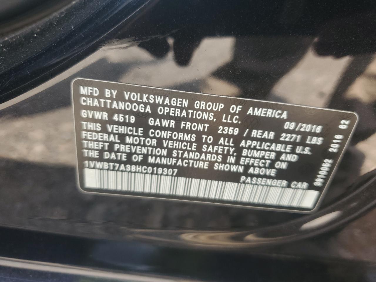 2017 Volkswagen Passat Se VIN: 1VWBT7A38HC019307 Lot: 64749725