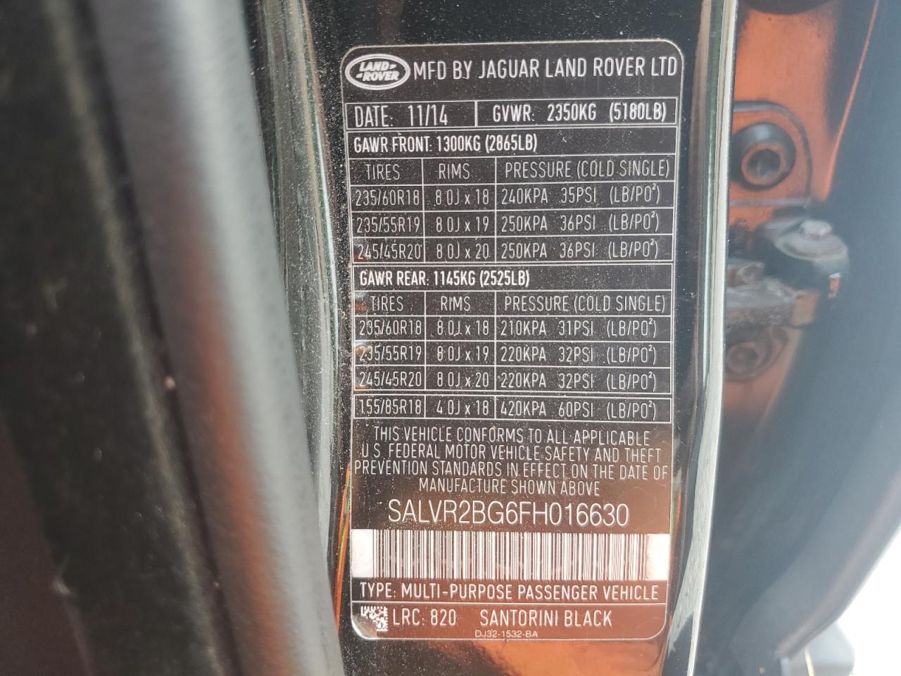 2015 Land Rover Range Rover Evoque Pure Premium VIN: SALVR2BG6FH016630 Lot: 65357865
