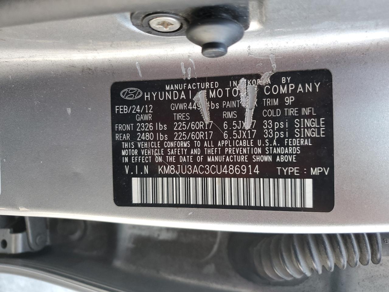 2012 Hyundai Tucson Gls VIN: KM8JU3AC3CU486914 Lot: 65414805