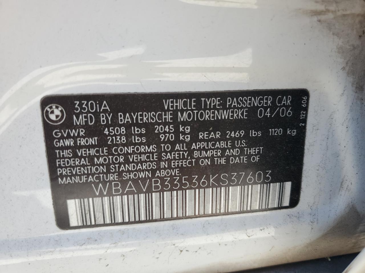 2006 BMW 330 I VIN: WBAVB33536KS37603 Lot: 64804245