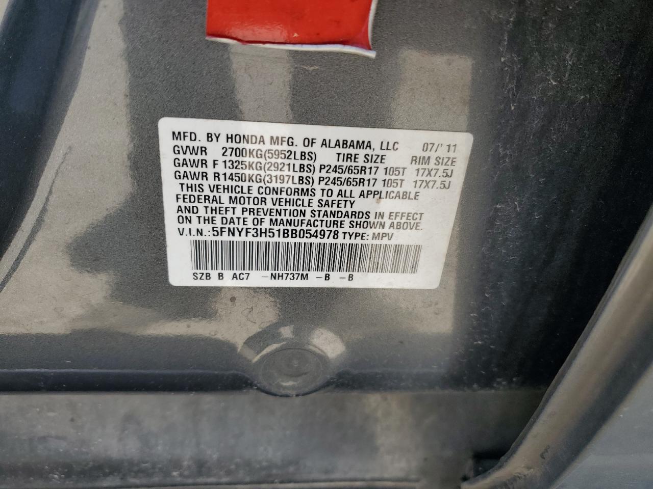 2011 Honda Pilot Exl VIN: 5FNYF3H51BB054978 Lot: 63052605