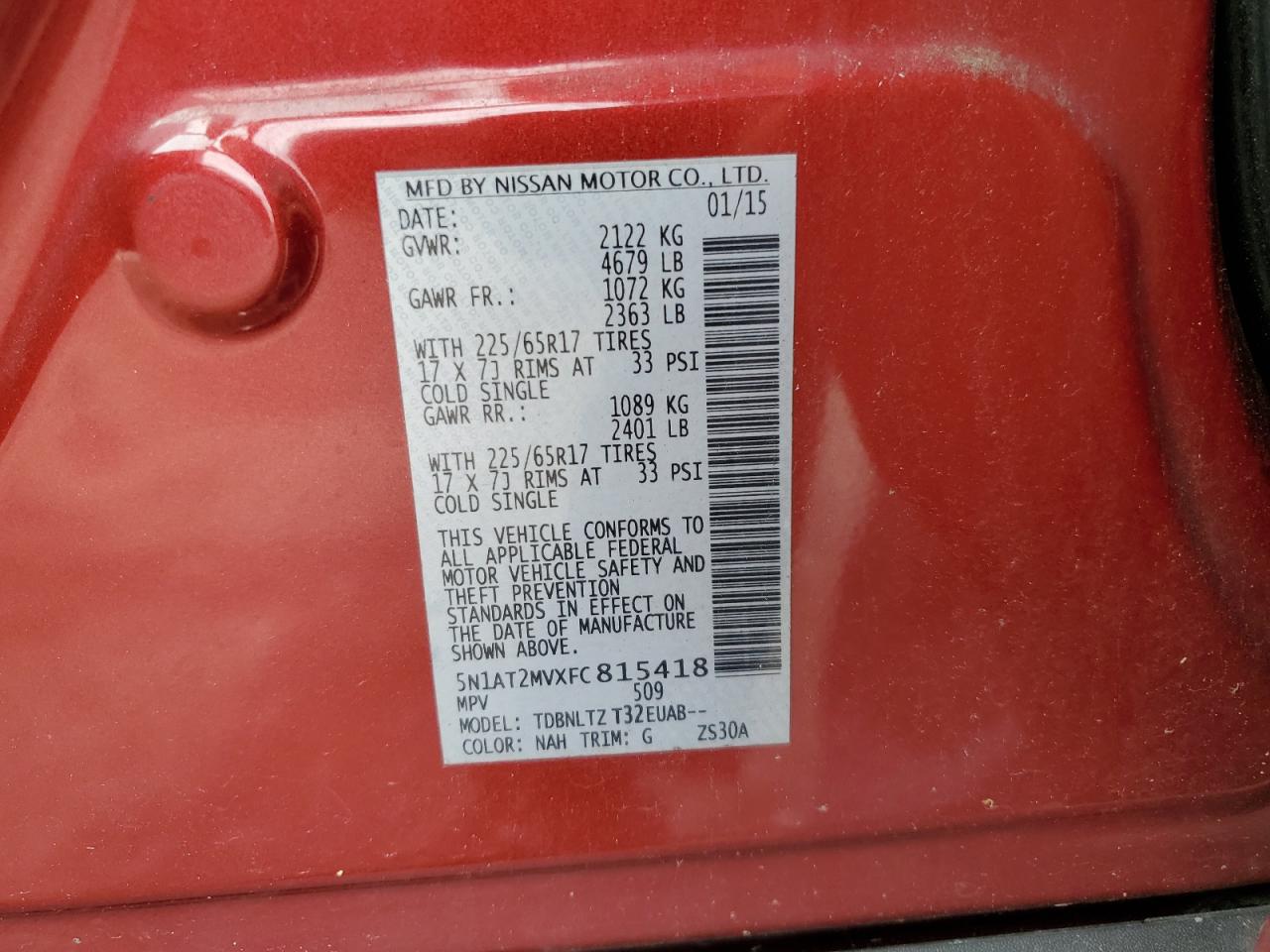 2015 Nissan Rogue S VIN: 5N1AT2MVXFC815418 Lot: 62377155