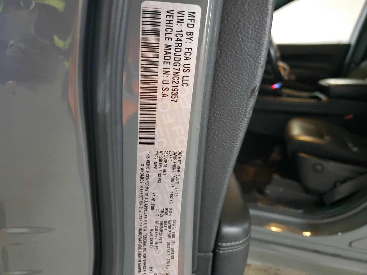 2022 Dodge Durango Gt VIN: 1C4RDJDG7NC219357 Lot: 65377055