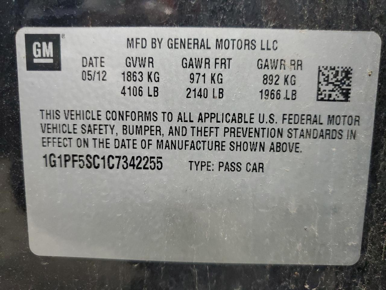 2012 Chevrolet Cruze Lt VIN: 1G1PF5SC1C7342255 Lot: 64249265